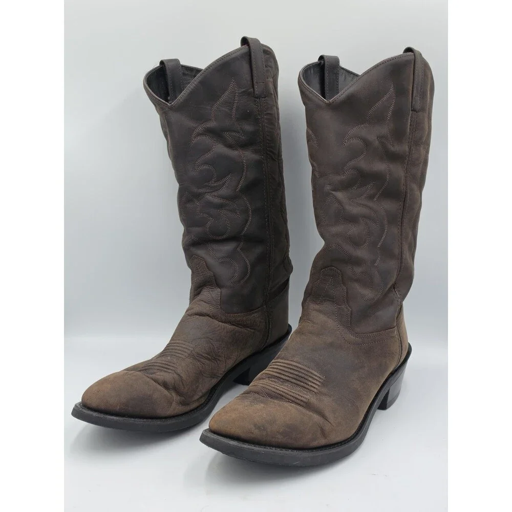 Old West Nubuck Mens Brown Leather Cowboy Western Boots 10.5 EE TBM3051